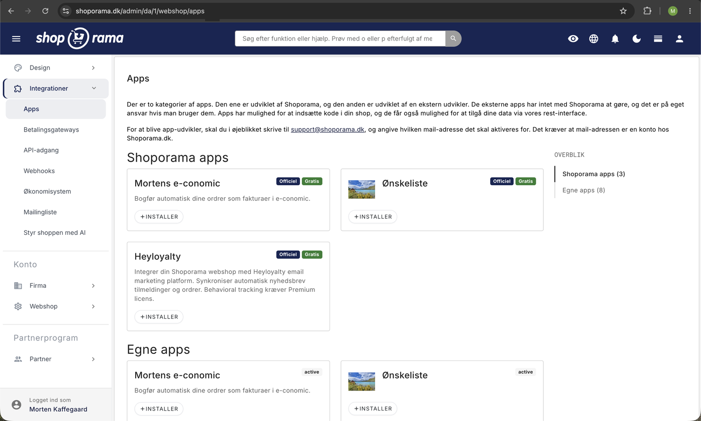App Store i Shoporama med Shoporama-apps som Mortens e-conomic, Ønskeliste, og Heyloyalty samt egne apps med Officiel- og Gratis-mærkater