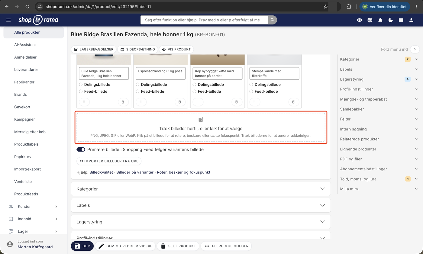 Den stiplede drop-zone med teksten Træk billeder hertil, eller klik for at vælge, og under den linjen om at PNG, JPEG, GIF og WebP understøttes