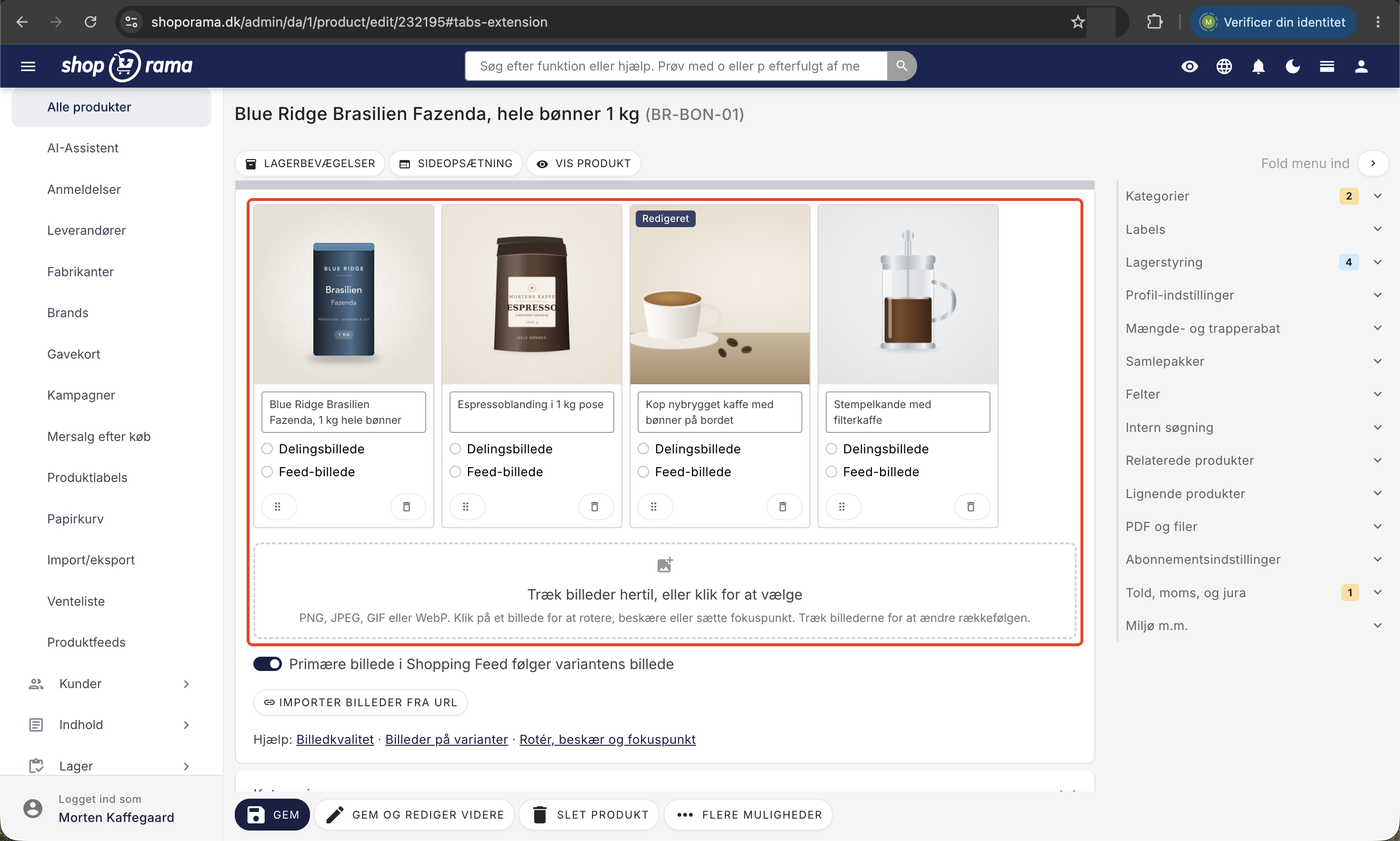 Billedafsnittet på et produkt med fire billedkort i en række, hvert med miniature, alt-tekstfelt, valgene Delingsbillede og Feed-billede, trækhåndtag og en skraldespand, og under kortene en stiplet drop-zone
