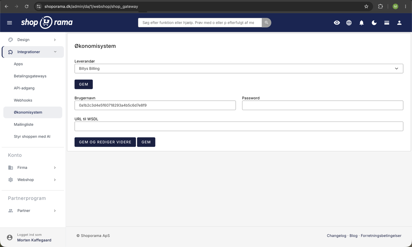 Siden Økonomisystem i Shoporama-admin med Leverandør-dropdown sat til Billys Billing samt felter til brugernavn, password, og WSDL-URL