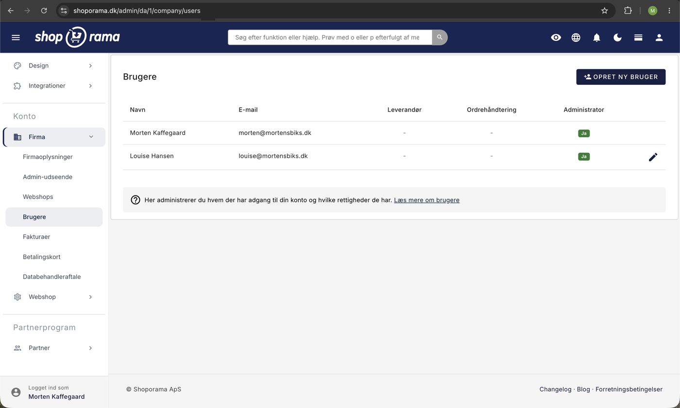 Brugere-siden i Shoporama-admin med liste over brugere, deres e-mail, og administrator-rettigheder samt knap til at oprette ny bruger.