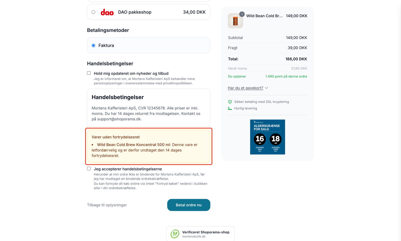 Checkout i Montana-temaet med en gul boks Varer uden fortrydelsesret over afkrydsningen Jeg accepterer handelsbetingelserne, markeret med rød ramme