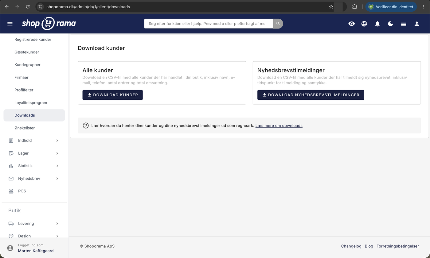Siden Download kunder i Shoporama med de to kort Alle kunder og Nyhedsbrevstilmeldinger, hver med sin egen download-knap