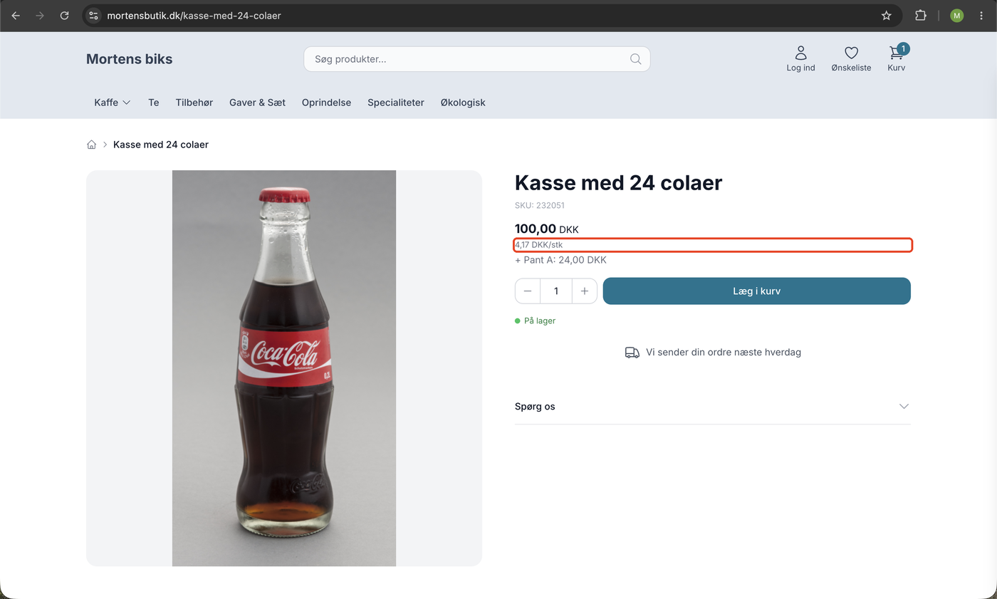 Produktsiden Kasse med 24 colaer i webshoppen med enhedsprisen 4,17 DKK/stk vist under prisen 100,00 DKK og over pant.