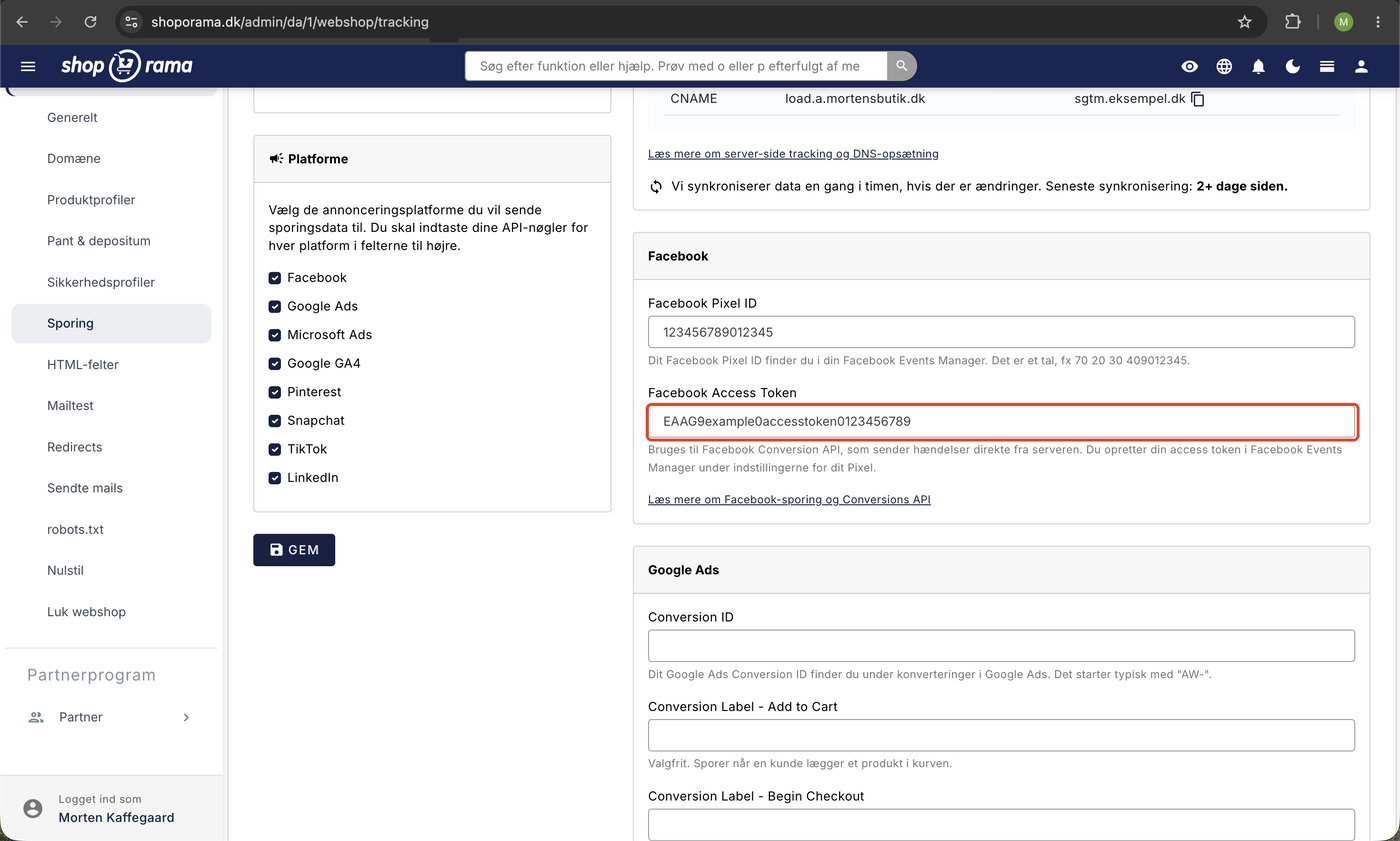 Sporingssiden i Shoporama med Facebook Pixel ID og Access Token udfyldt, platform-liste til venstre, og Access Token markeret med rød ramme