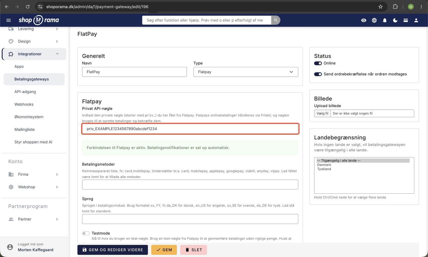 Opsætningssiden for Flatpay-gateway med feltet Privat API-nøgle fremhævet og grøn bekræftelse på at forbindelsen til Flatpay er aktiv.