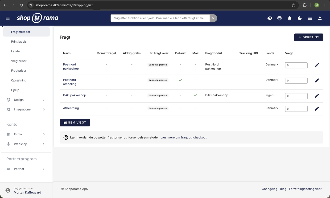 Fragtmetoder-oversigten i Shoporama-admin med kolonnen Fragtmodul, hvor PostNord pakkeshop og DAO pakkeshop er valgt som modul for metoderne