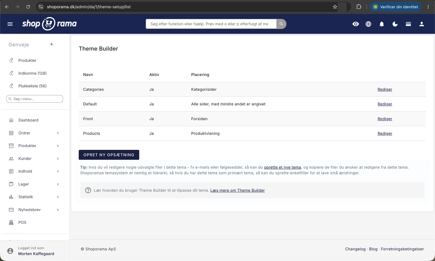 Theme Builder i Shoporama med en tabel over opsætninger med navn, om de er aktive, og hvilken placering de gælder for, samt knappen Opret ny opsætning