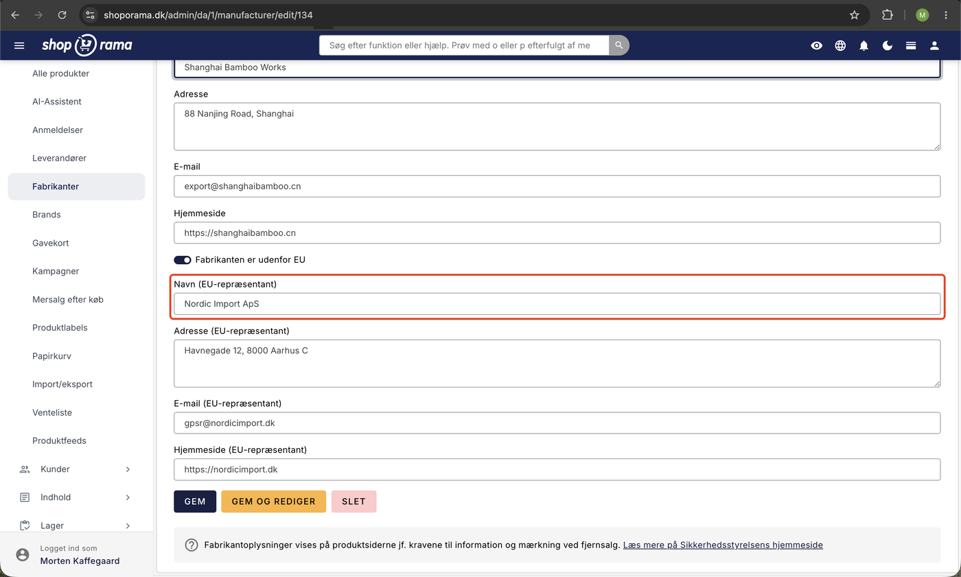 EU-repræsentantens felter på en fabrikant med navn, adresse, e-mail, og hjemmeside udfyldt for Nordic Import ApS.
