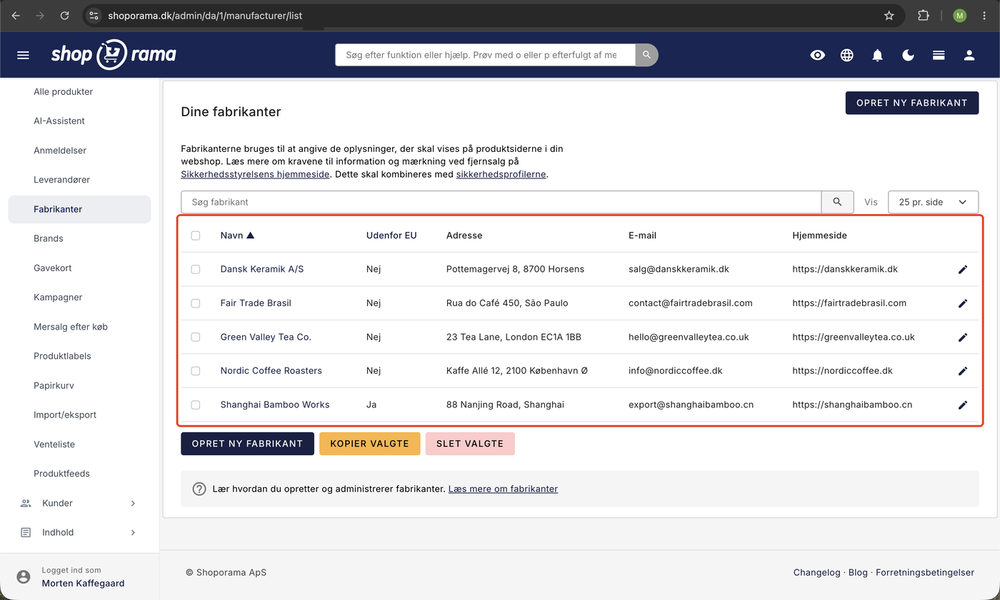 Fabrikantlisten i Shoporama-admin med kolonnerne Navn, Udenfor EU, Adresse, e-mail, og hjemmeside for fem fabrikanter.