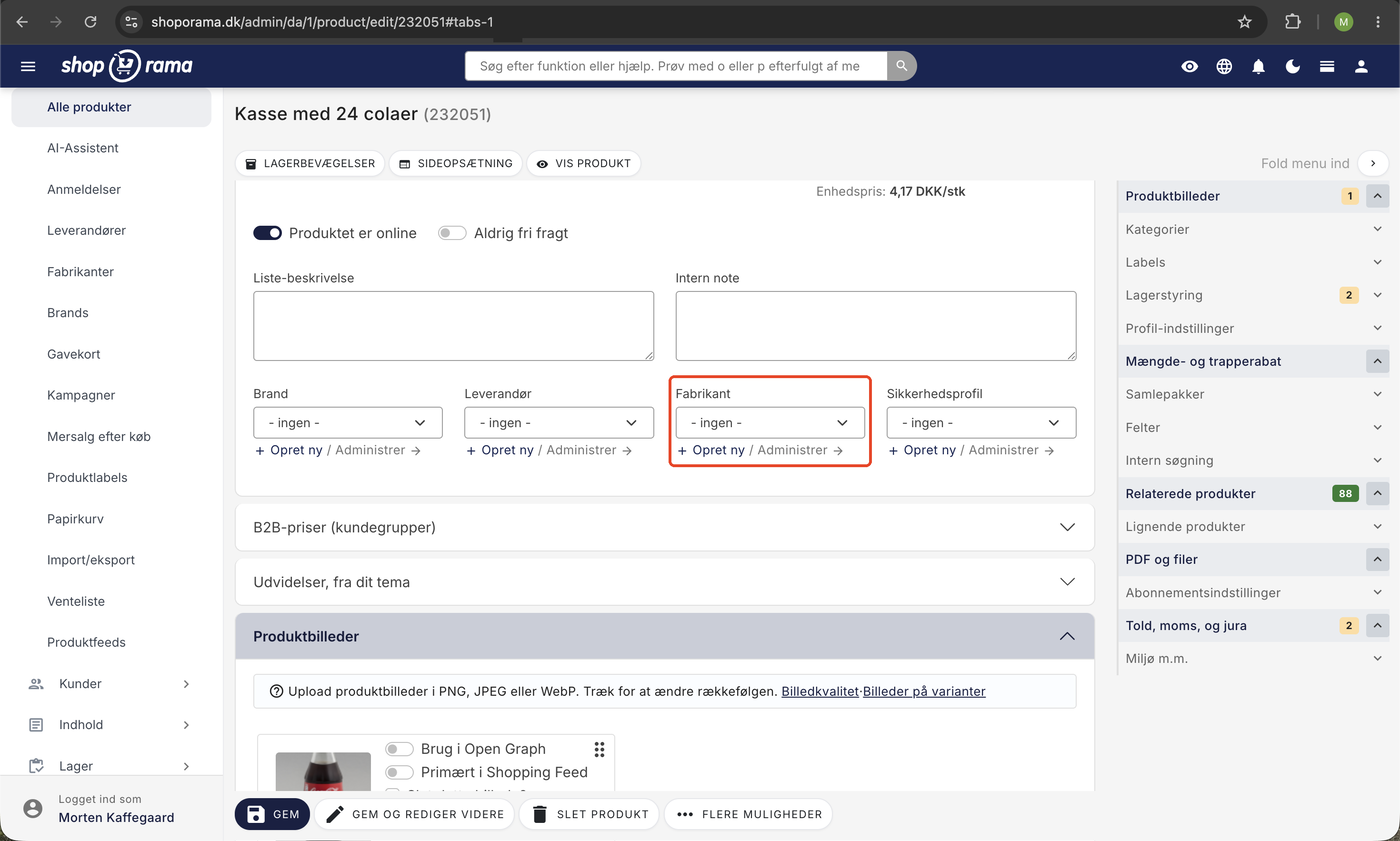 Produktredigering med dropdown-felterne Brand, Leverandør, Fabrikant, og Sikkerhedsprofil, hvor Fabrikant er fremhævet.