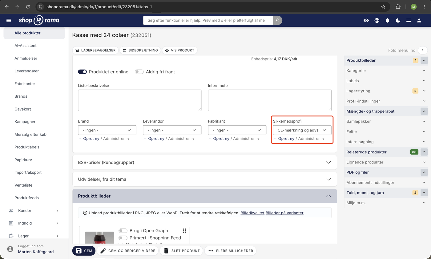 Produktredigering hvor dropdown-feltet Sikkerhedsprofil er fremhævet med profilen CE-mærkning og advarsler valgt.