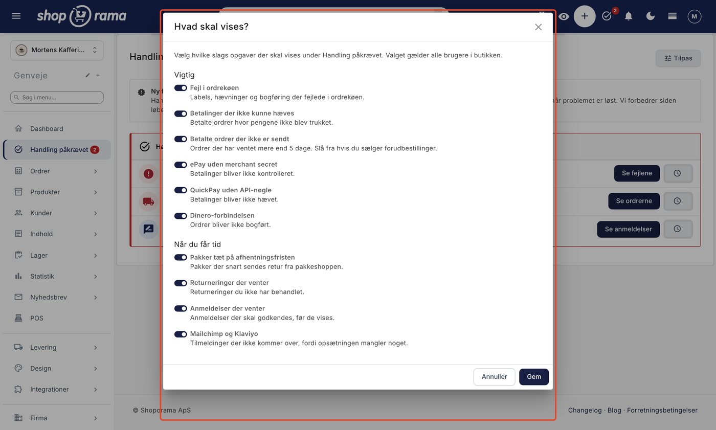 Vinduet Hvad skal vises? på siden Handling påkrævet med en kontakt for hver slags opgave, delt i grupperne Vigtig og Når du får tid, og knapperne Annuller og Gem