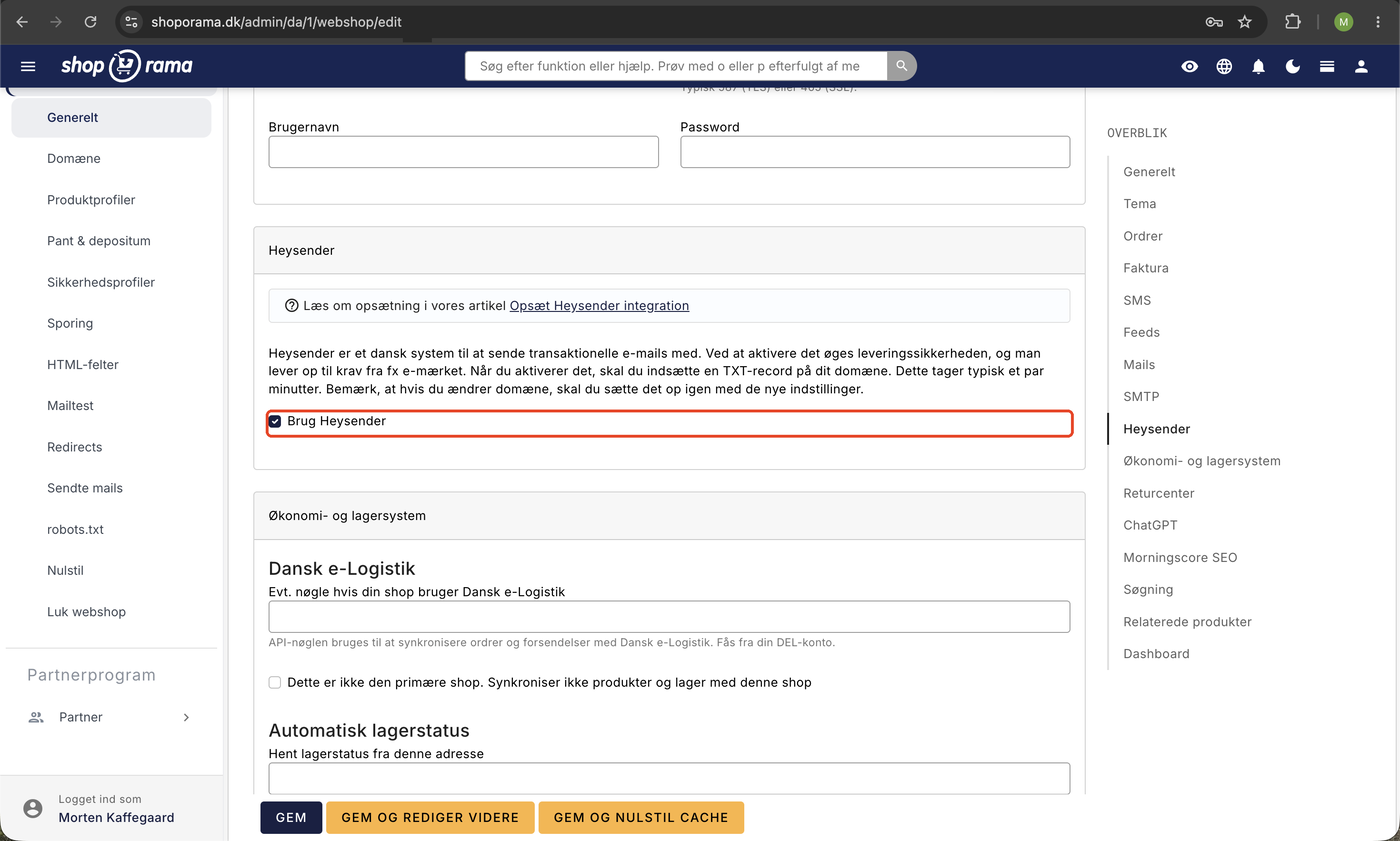 Heysender-sektionen på webshoppens Generelt-side med forklarende tekst og det røde markerede afkrydsningsfelt Brug Heysender.