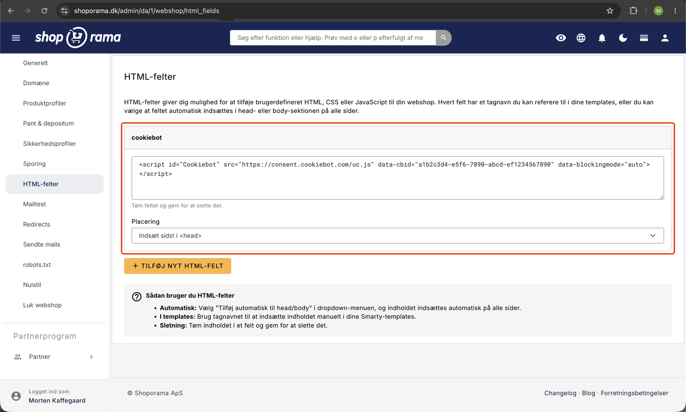 HTML-felter under Webshop i Shoporama-admin med et felt kaldet cookiebot, hvor Cookiebot-scriptet er indsat med placeringen sidst i head.