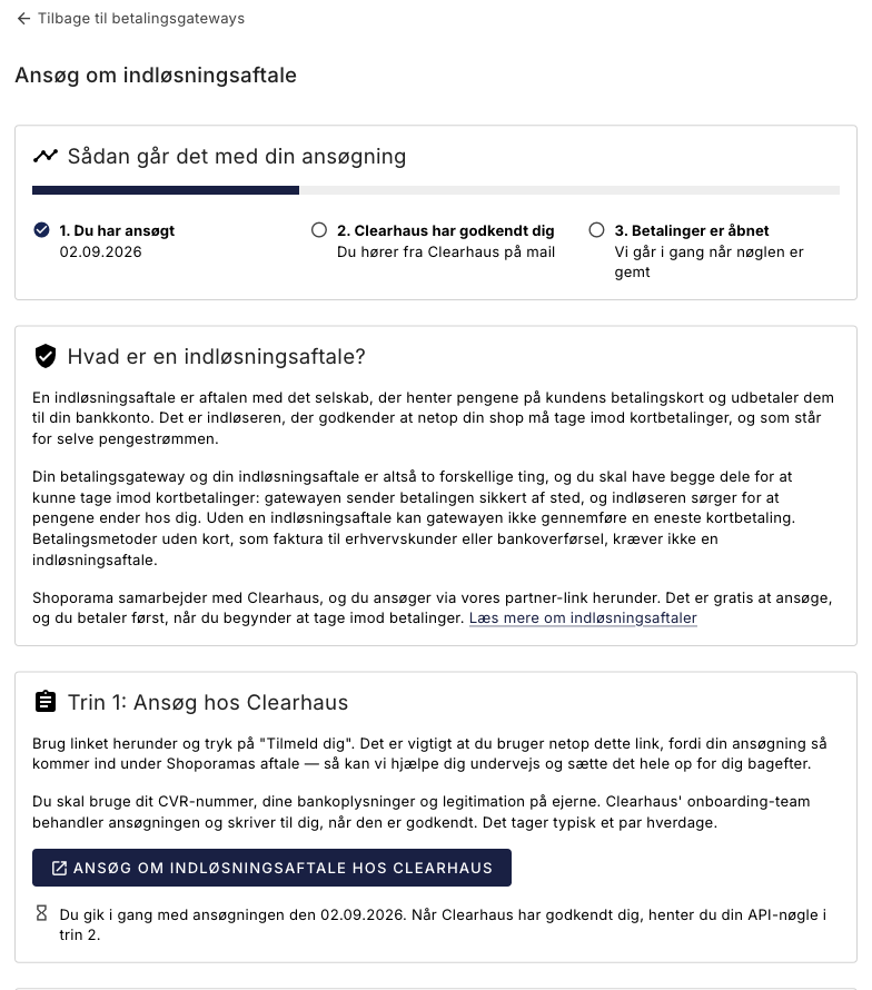 Siden Ansøg om indløsningsaftale i Shoporama med forklaring og knappen til at ansøge hos Clearhaus