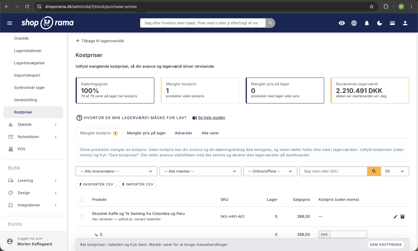 Kostpriser-siden med nøgletal for dækningsgrad og lagerværdi, fanerne for manglende priser, filtre, og en varetabel med kostpris pr. produkt