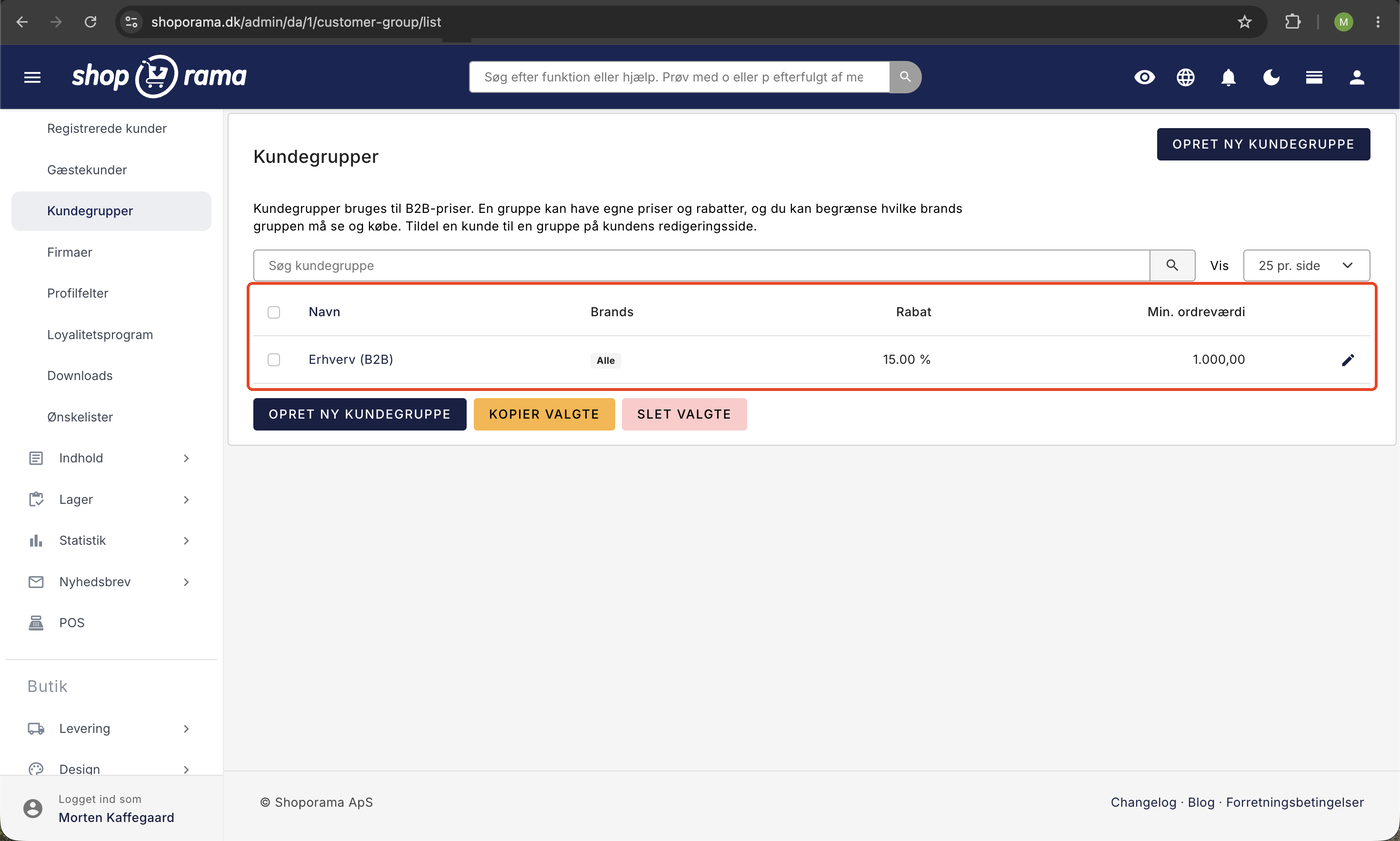 Kundegruppe-oversigten i admin viser gruppen Erhverv (B2B) med brands sat til Alle, 15 % rabat, og mindste ordreværdi på 1.000 kroner
