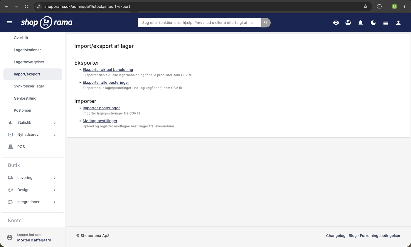 Import/eksport af lager i Shoporama med links til eksport af beholdning og posteringer samt import af lagerposteringer fra CSV-fil.