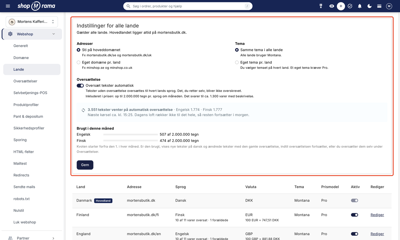 Siden Lande under Webshop med kortet Indstillinger for alle lande: Adresser med valgene Sti på hoveddomænet og Eget domæne pr. land, Tema med Samme tema i alle lande og Eget tema pr. land, kontakten Oversæt tekster automatisk med den inkluderede kvote på 2.000.000 tegn pr. sprog, status for tekster der venter på oversættelse, forbruget i denne måned for engelsk og finsk, og knappen Gem
