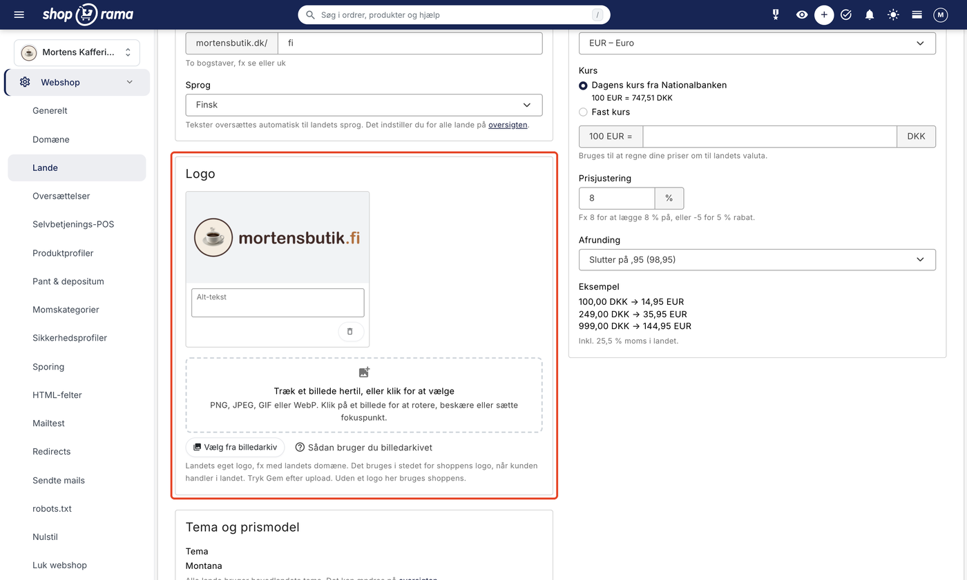 Landets side for Finland under Webshop → Lande med kortet Logo mellem Adresse og sprog og Tema og prismodel. I billedfeltet ligger et logo med teksten mortensbutik.fi, og under feltet står knappen Vælg fra billedarkiv og hjælpeteksten om, at landets logo bruges i stedet for shoppens logo, når kunden handler i landet