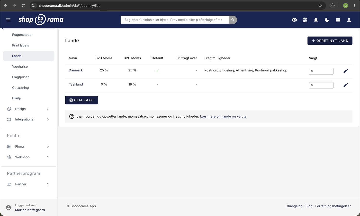 Landeoversigt i Shoporama-admin med Danmark og Tyskland, B2B- og B2C-moms, fragtmuligheder, og knappen Opret nyt land øverst til højre.