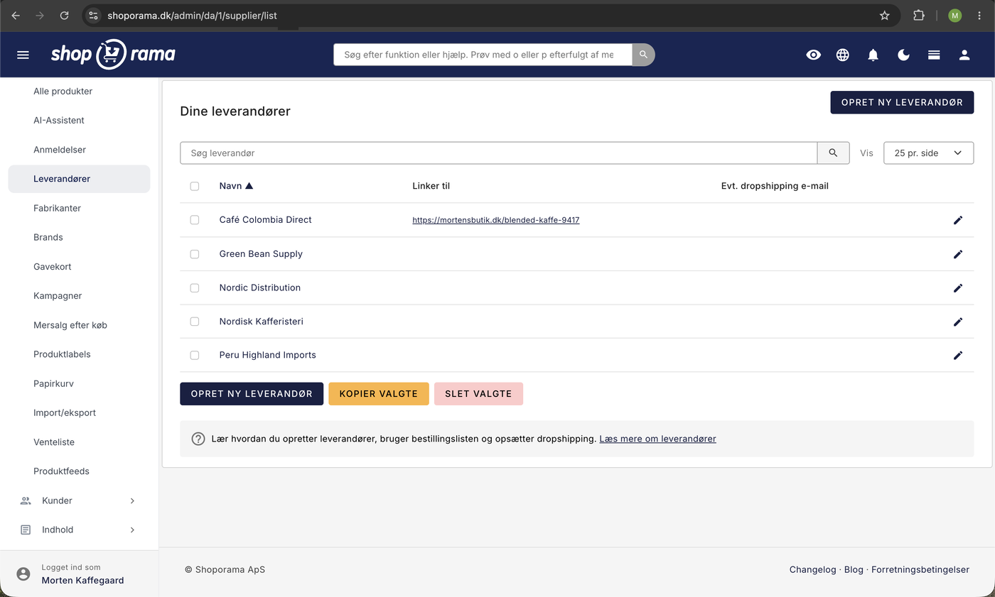 Leverandørlisten i Shoporama admin med fem oprettede leverandører og kolonnerne Navn, Linker til, og Evt. dropshipping e-mail
