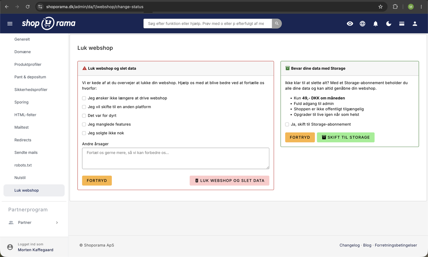 Luk webshop-siden i Shoporama admin med rød boks til at lukke og slette data samt grøn Storage-boks der bevarer data for 49 kr. om måneden