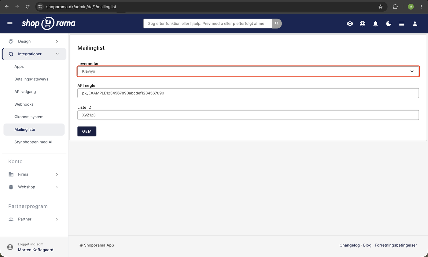 Mailingliste-opsætning i Shoporama under Integrationer med Leverandør sat til Klaviyo, felterne API nøgle og Liste ID samt en Gem-knap