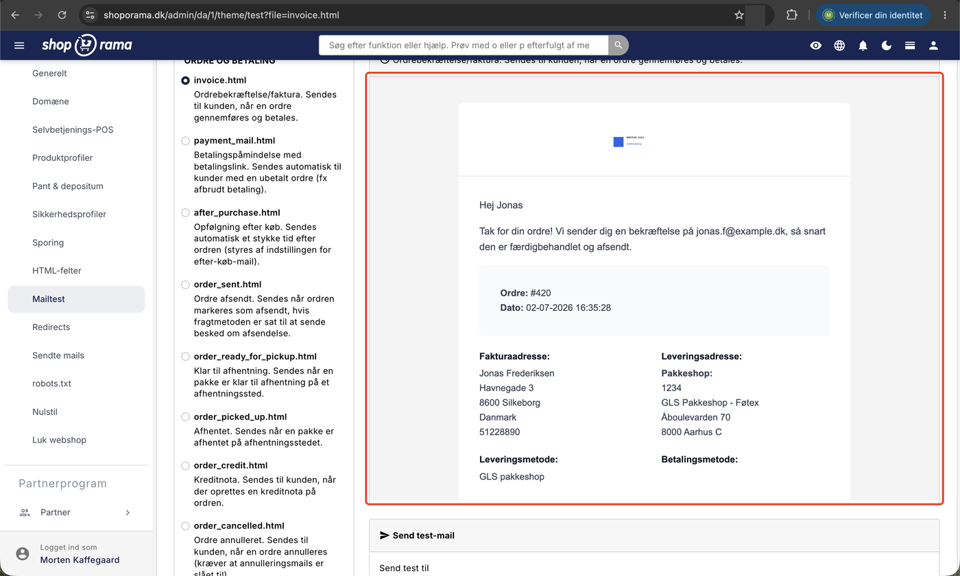 Mailtest-siden i Shoporama med listen over mail-skabeloner til venstre og en forhåndsvisning af ordrebekræftelsen markeret til højre