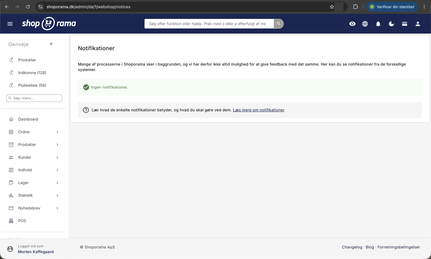 Notifikations-siden i Shoporama med forklaringen om, at mange processer kører i baggrunden, og en grøn besked om at der ingen notifikationer er