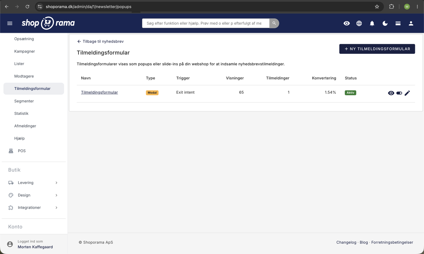 Oversigt over tilmeldingsformularer i Shoporama med en aktiv modal udløst af exit intent samt 65 visninger, 1 tilmelding, og 1,54 % konvertering