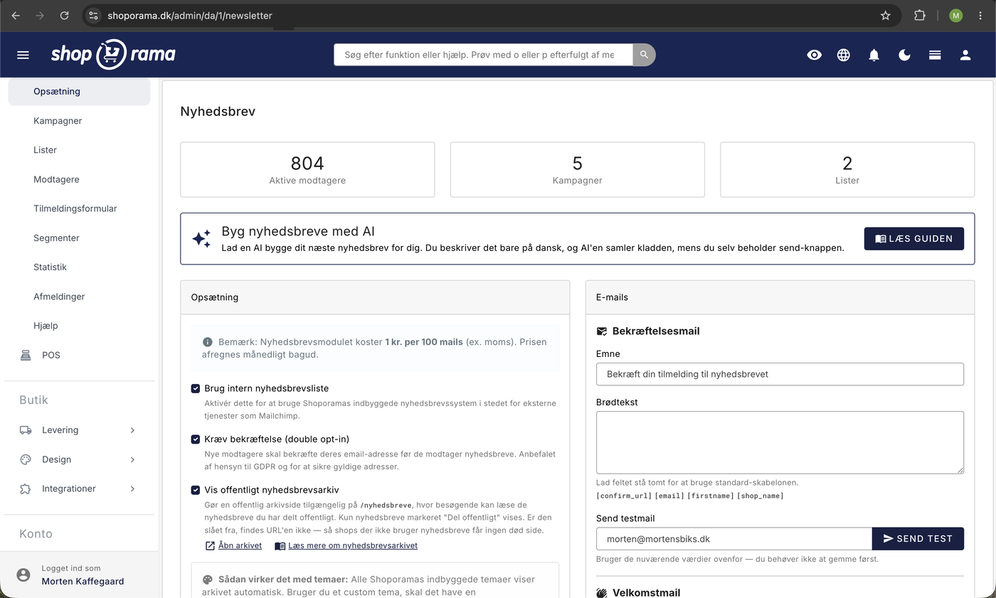 Nyhedsbrevsmodulet i Shoporama-admin med banneret 'Byg nyhedsbreve med AI' øverst over opsætningen og en Læs guiden-knap.
