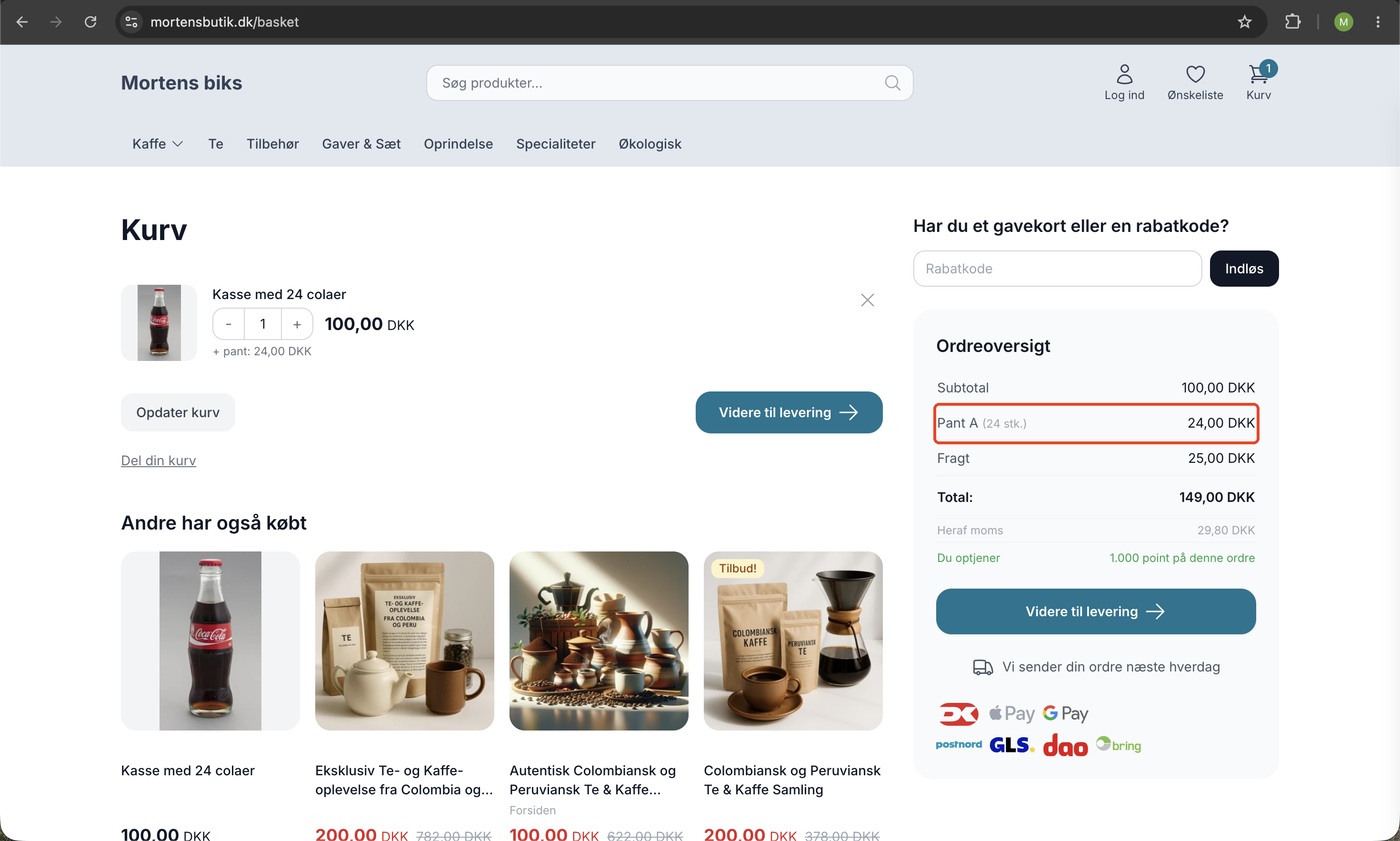 Kurv i webshoppen hvor pant vises som sin egen linje: Pant A 24 stk. 24,00 kr i ordreoversigten
