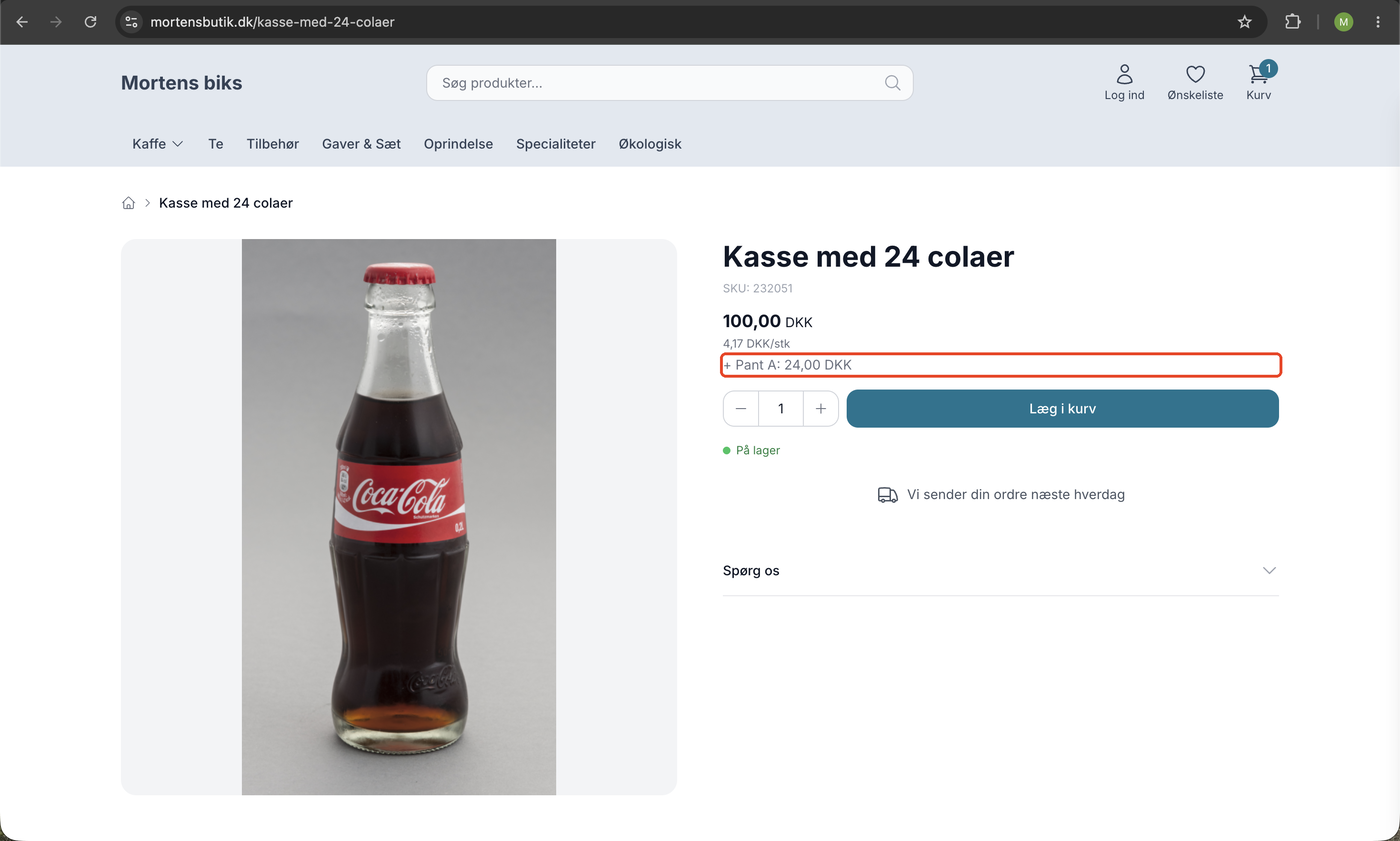 Produktside i webshoppen hvor prisen vises uden pant, og pantbeløbet står som plus Pant A 24,00 kr under prisen