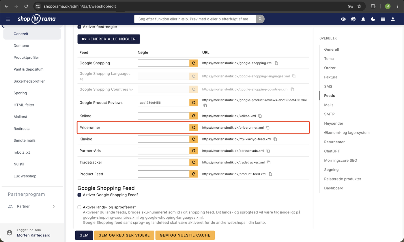 Feeds-fanen under webshop-indstillinger med Pricerunner-rækken fremhævet og feedadressen mortensbutik.dk/pricerunner.xml i feed-tabellen