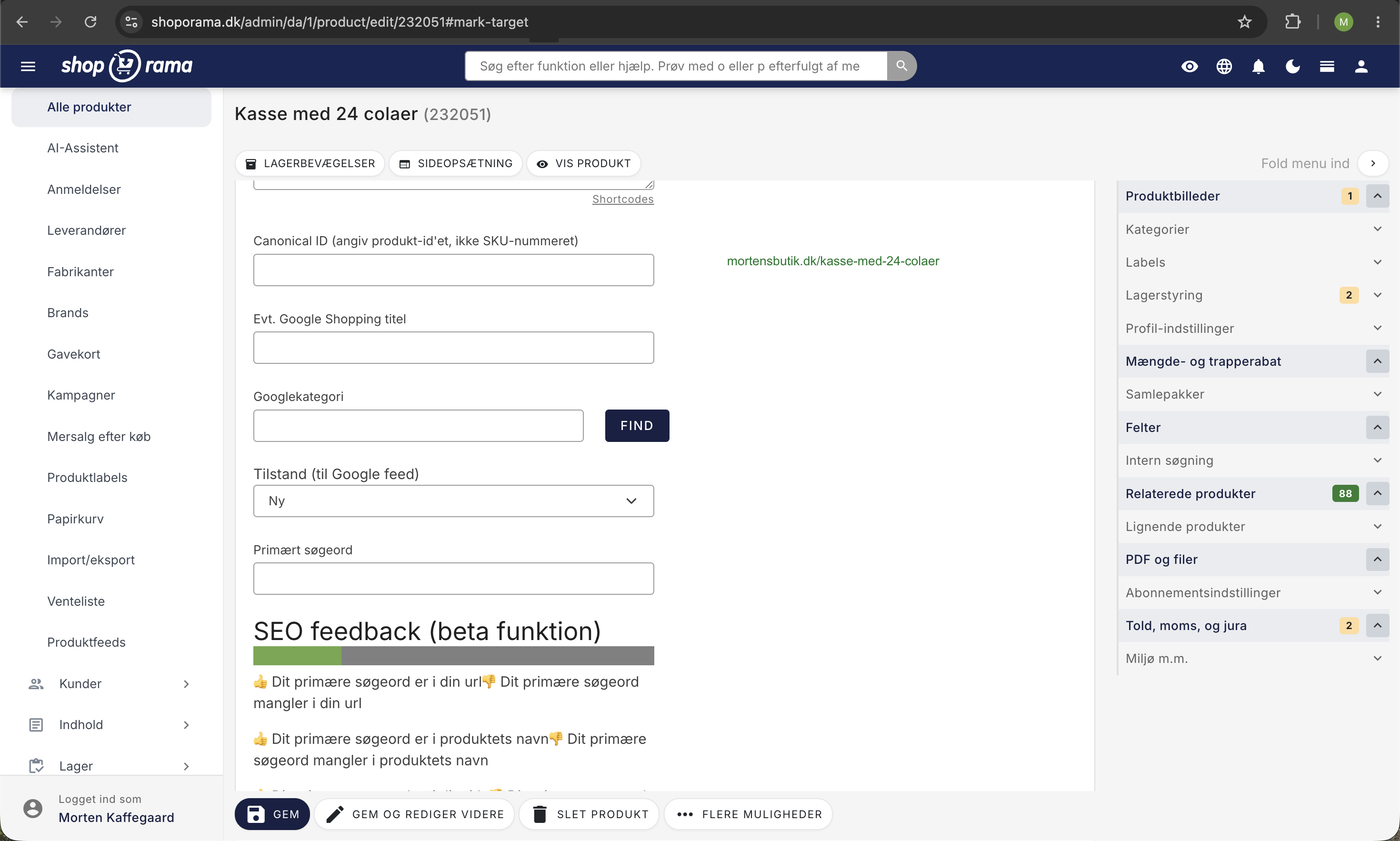 Produktets SEO-felter: Canonical ID, Google Shopping-titel, Googlekategori, primært søgeord, og SEO feedback med Google-forhåndsvisning.