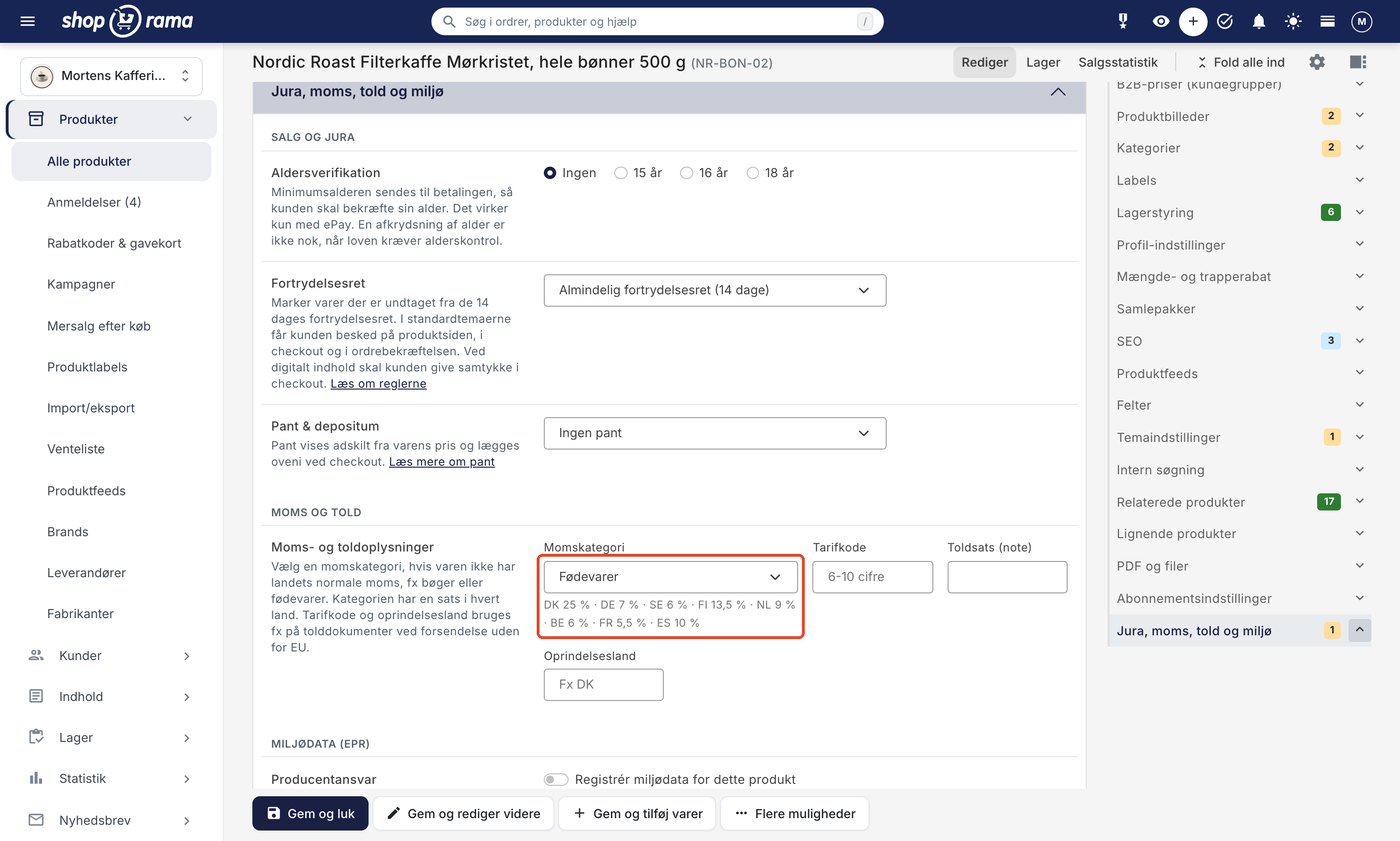 Produktsiden med kortet Jura, moms, told og miljø foldet ud. I afsnittet Moms og told står feltet Momskategori på Fødevarer, og under feltet står satserne pr. land, fx DK 25 %, DE 7 %, SE 6 %, og FI 13,5 %. Feltet og satserne er markeret med en rød ramme.