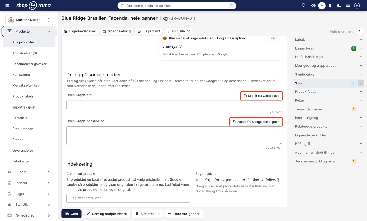 Afsnittet Deling på sociale medier med felterne Open Graph-titel og Open Graph-beskrivelse, tællerne 0 af 60 og 0 af 155 tegn og knapperne Kopiér fra Google title og Kopiér fra Google description