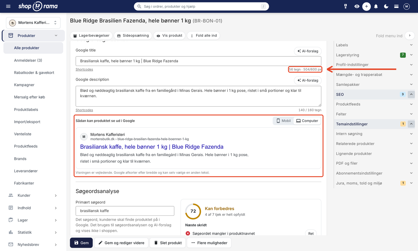 SEO-kortet på et produkt med Google title, tælleren 56 tegn og 504 af 600 pixel, Google description og previewet Sådan kan produktet se ud i Google med fanen Computer valgt