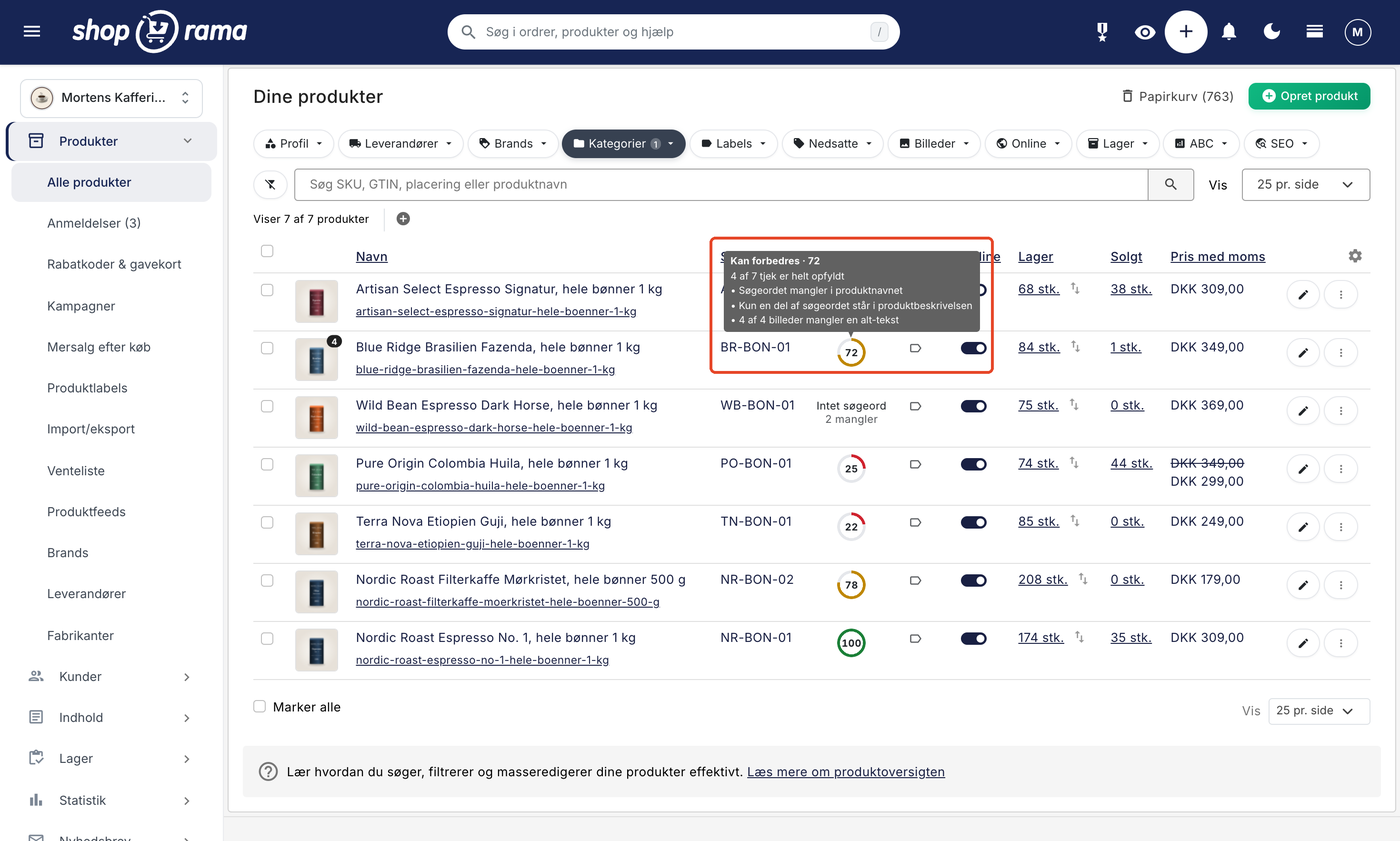 Produktoversigten med kolonnen SEO og en boks over scoren 72, der viser Kan forbedres, 4 af 7 tjek er helt opfyldt, og de tre ting der mangler på produktet