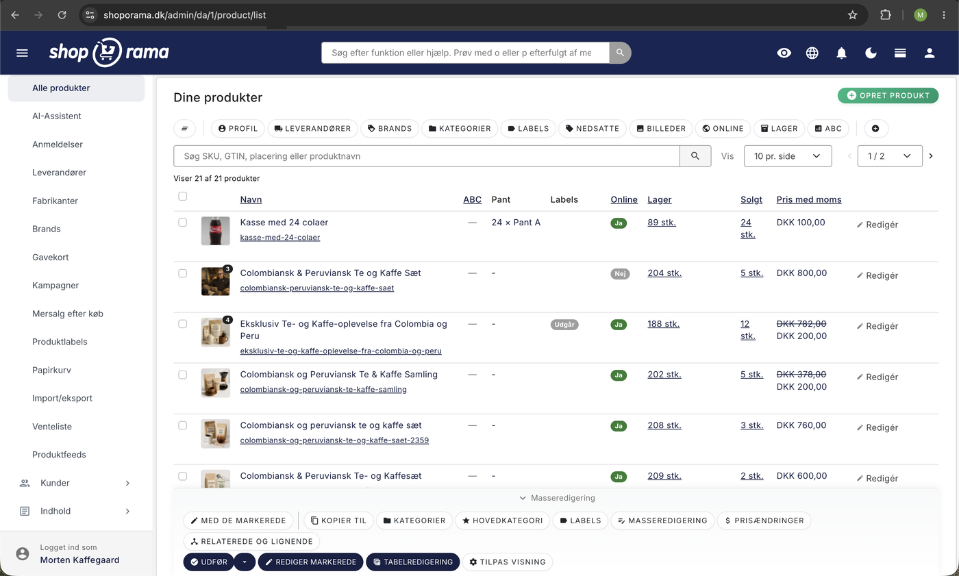 Produktoversigten i Shoporama-admin med filterknapper, produktliste med online-status, lager, solgt, og pris samt masseredigeringsbaren nederst