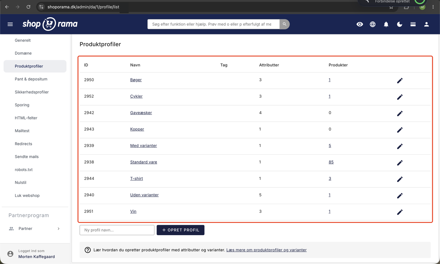 Oversigten Produktprofiler i Shoporama-admin med en tabel over profiler, antal attributter, og antal tilknyttede produkter.