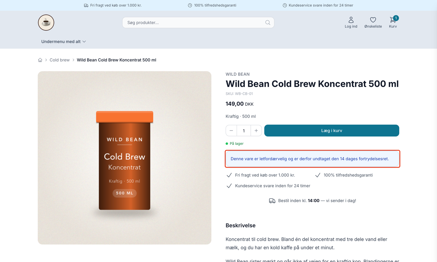 Produktsiden for Wild Bean Cold Brew Koncentrat 500 ml i Montana-temaet med en blå infoboks under Læg i kurv: Denne vare er letfordærvelig og er derfor undtaget den 14 dages fortrydelsesret