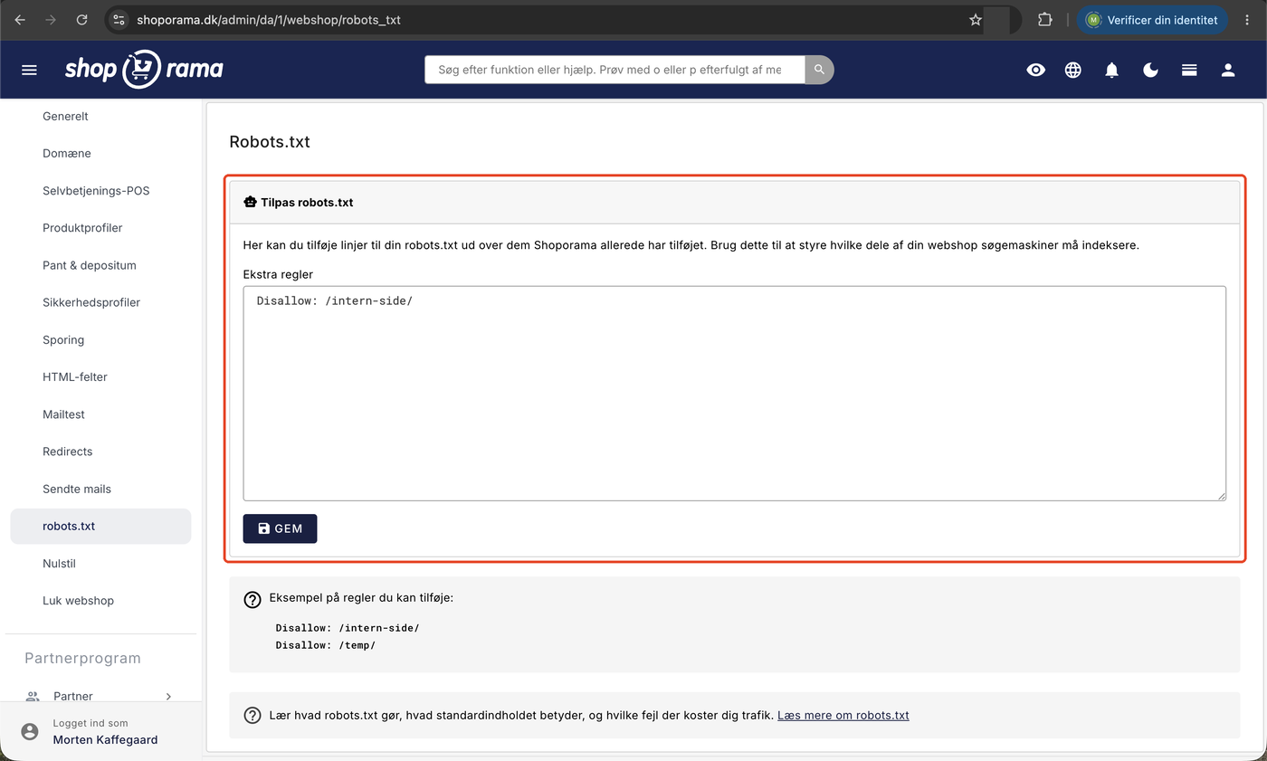 Siden robots.txt i Shoporama med feltet Ekstra regler markeret, hvor der er tilføjet en Disallow-linje, samt eksempler på regler nedenunder