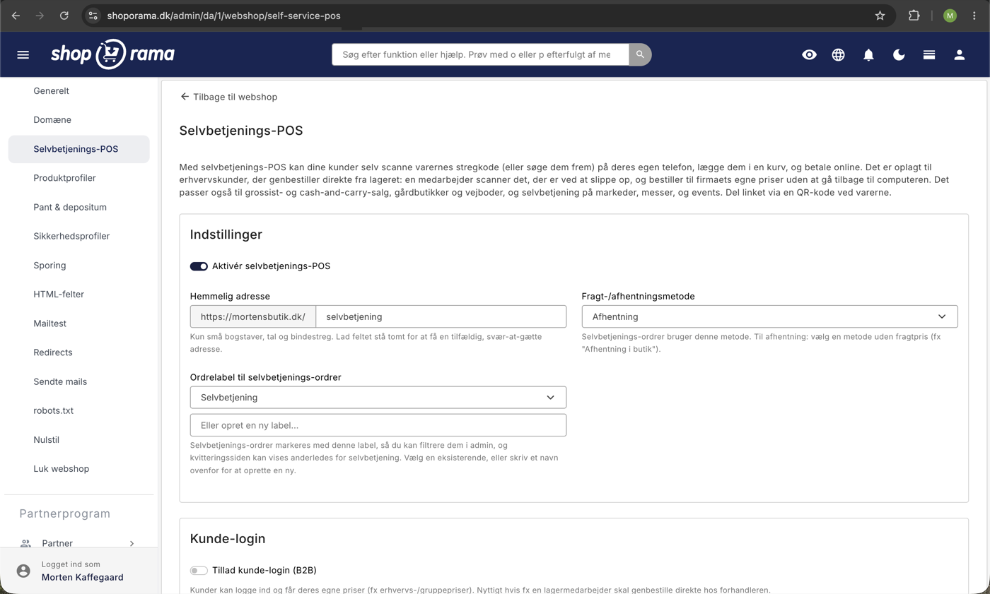 Selvbetjenings-POS-indstillingerne i Shoporama-admin