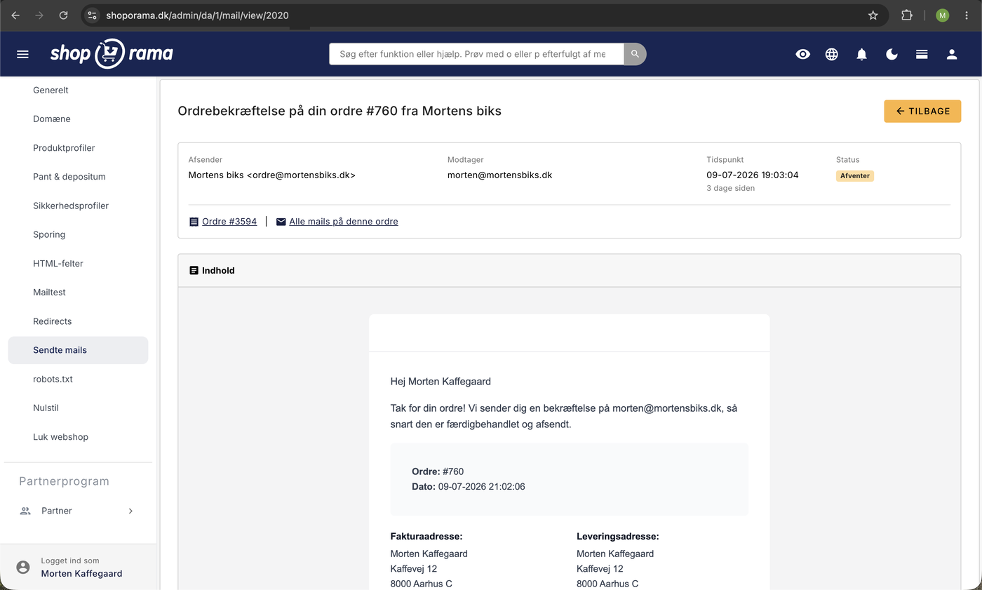 Detaljevisning af sendt ordrebekræftelse på ordre #760 i Shoporama med afsender, modtager, tidspunkt, status, link til ordren, og selve mailindholdet