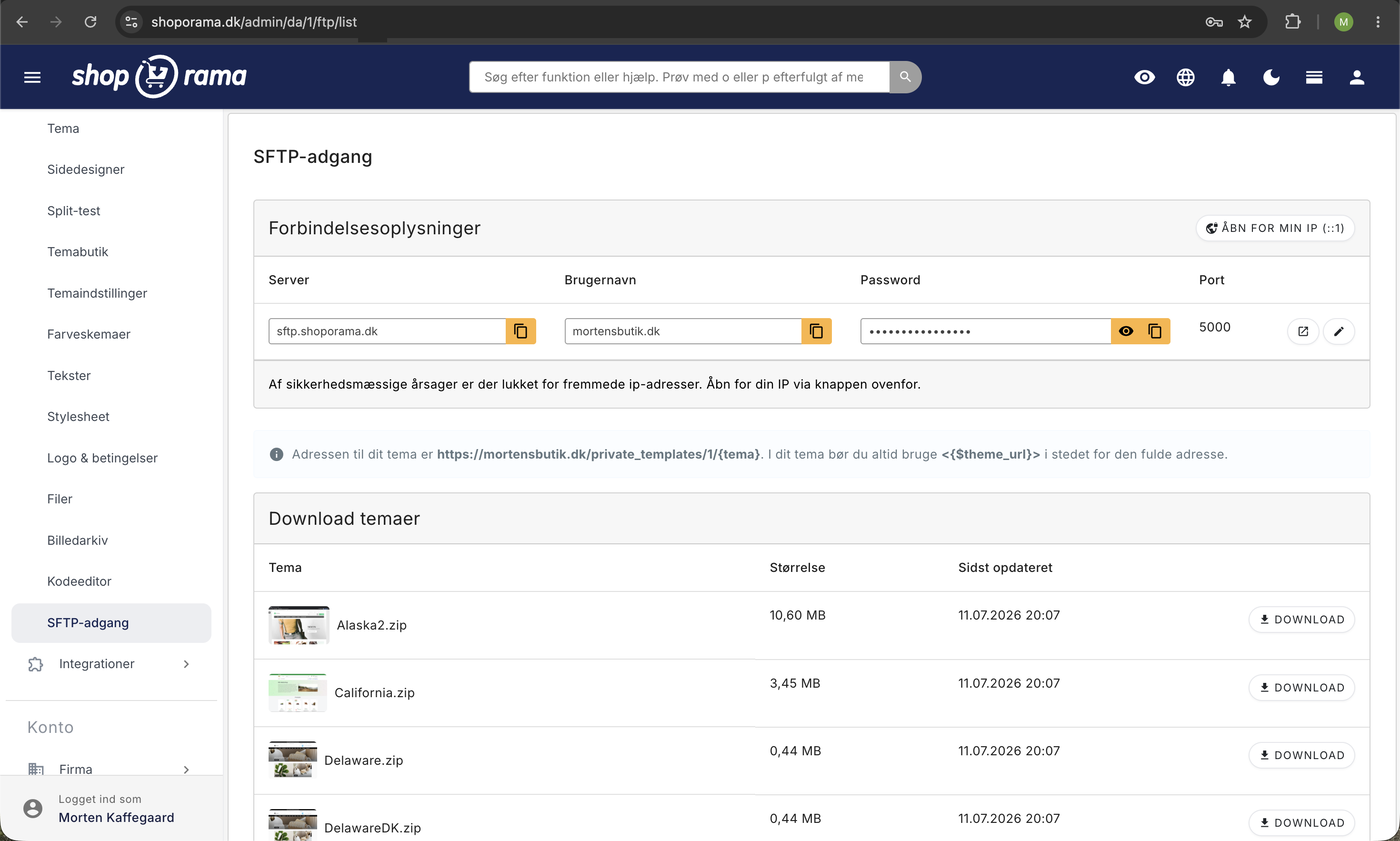 SFTP-adgang i Shoporama-admin med forbindelsesoplysninger: server, brugernavn, password, og port 5000 samt knap til at åbne for egen IP