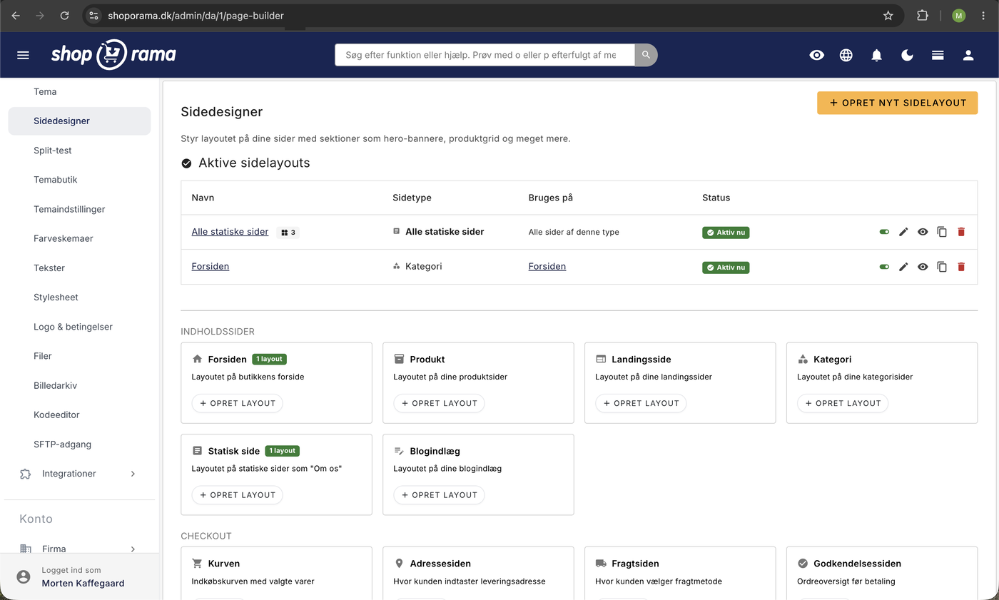 Sidedesigner-oversigt i Shoporama-admin med aktive sidelayouts og kort for hver sidetype: forside, produkt, landingsside, kategori, og checkout