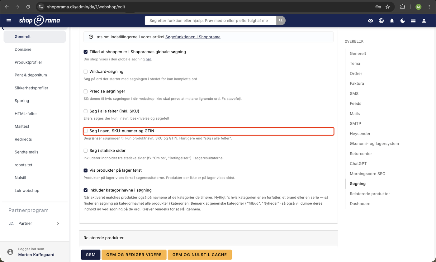 Søgeindstillinger i Shoporama-admin med felter for wildcard, præcise søgninger, søg i alle felter og søg i navn, SKU-nummer og GTIN markeret.